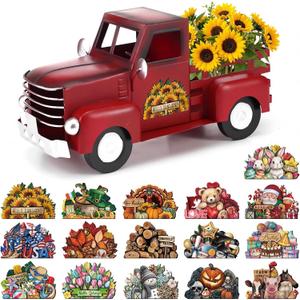 Threehoney Farmhouse Truck Decor 12.2 Inch Vintage Red Metal Truck with 16 Magnet Spring Table Decoration Summer Centerpieces for Home Kitchen Patriotic Holiday Interchangeable Seasonal Decor(Red)