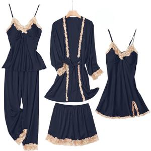 SAPJON Womens Pajama Sets 5PCS Silk Pajamas for women Cute Sleepwear Loungewear Satin Pajamas Sets for Women Soft (XL)