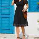 Holipick Women Summer Casual Dress Wedding Guest V Neck Short Sleeves Smocked Waist Chiffon Swing Knee Length Midi Dresses (Black, XL)
