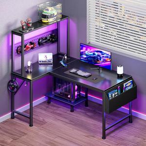 PRAISUN 43.3" L Shaped Gaming Desk with Power Outlets & USB-C Port, LED Lights, Computer Desk with Pegboard, Corner Desk with Storage Shelves & Bag, Office Desk with CPU Stand for Home Office, Black