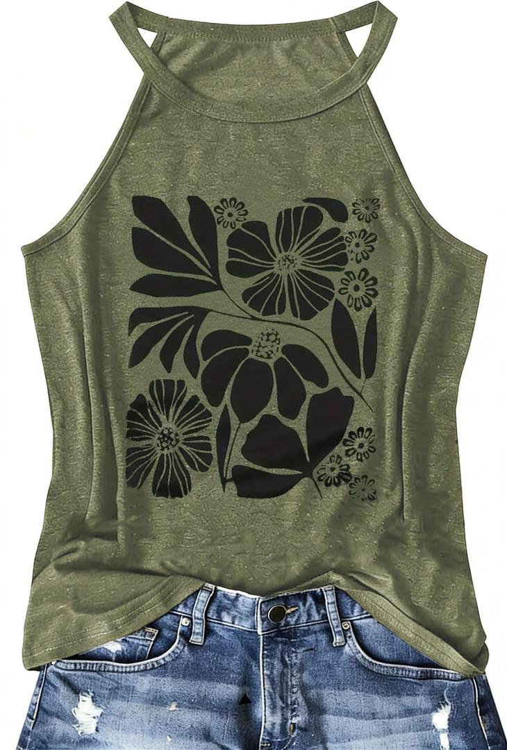 Halter Tank Tops for Women Boho Racerback Tank Tops Beach Vacation Graphic Tee Summer Sleeveless Camisole T-Shirts (Green2,S)