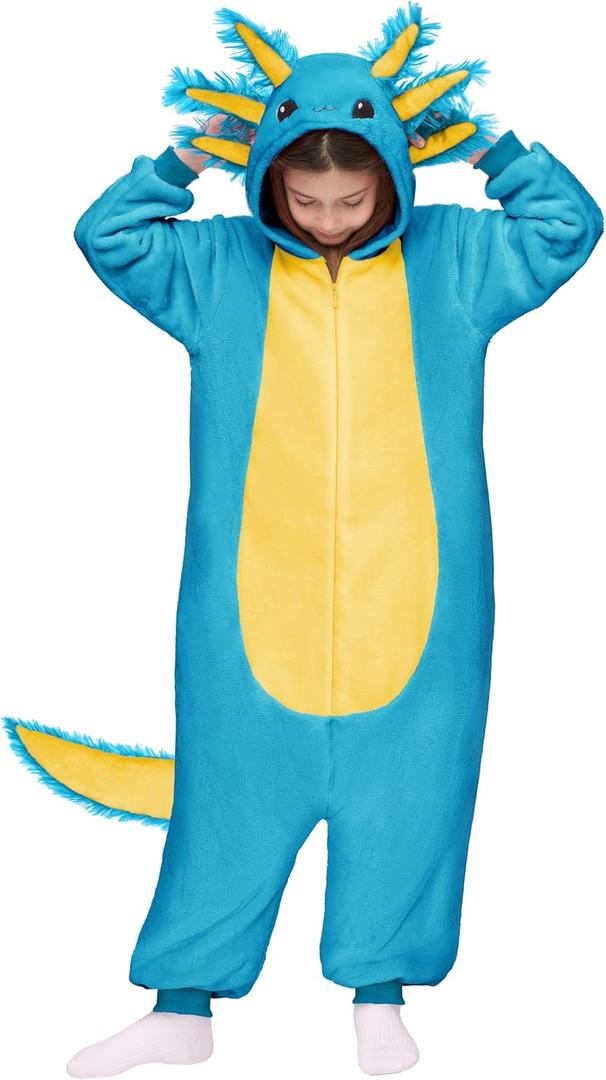 Spooktacular Creations Halloween Axolotl Costume, Kids Axolotl Costume, Zip-Up Hooded Jumpsuit for Halloween Cosplay Party (8-10 Years, Blue)