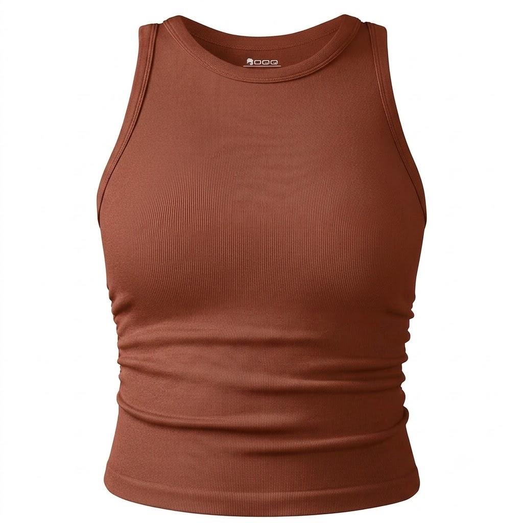 OQQ Women's Tank Tops Crew Neck Sleeveless Basic Stretch Casual Yoga Crop Camis (Brown)
