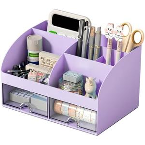 COMFYROOM Desk Organizer with 6 Compartments and 2 Drawers, Plastic Makeup Organizer, Pen Holder for Desktop Storage, Desk Organization for School, Home, Office Supplies (Purple)