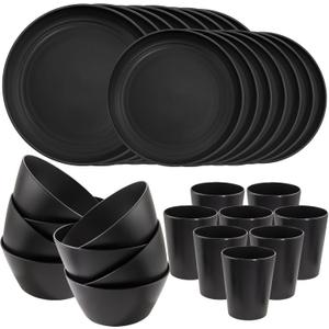 LIYH 48pcs Black Wheat Straw Dinnerware, Plates and Bowls Set, Camping Dish Set for 12, Plastic Dinnerware Set, Dishwasher Safe Dinnerware Set,Unbreakable Plastic,Camper Dish Sets