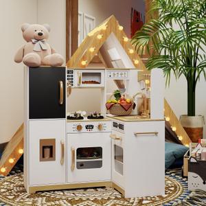 TaoHFE White Corner Play Kitchen with Lights,Kitchen Set for Kids Ages 3-8