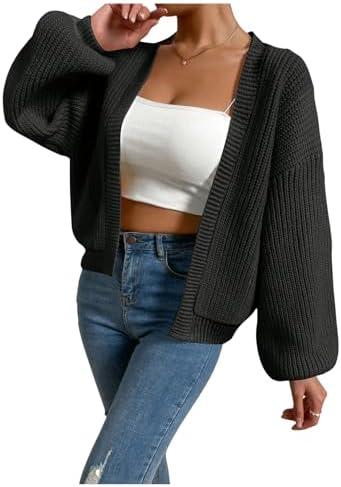 SHENHE Women's Color Block Open Front Long Sleeve Ribbed Knit Cropped Cardigan Sweaters Medium