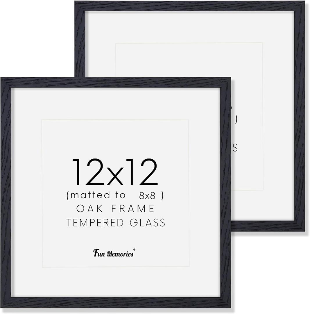 Fun Memories 12x12 Picture Frames, Natural Oak Wood Frame 12 x 12 for Wall, 12x12 Frame Matted to 8x8, Rustic Wood Square Frame 12 by 12 with Real Glass, Black Color, Set of 2