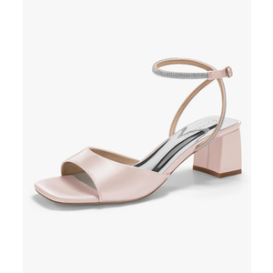 Coutgo Womens Heeled Sandals Rhinestone Chunky Low Heels Satin Square Toe One Strap Ankle Buckle Dress Shoes Size 10