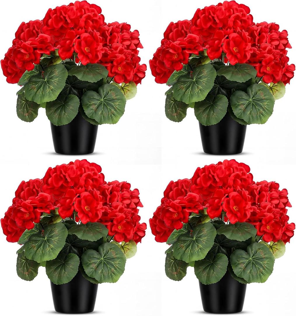 Zeyune 4 Pack Artificial Geranium Flowers for Outdoors Silk Flower UV Resistant Fake Plants Realistic Faux Flowers Outside for Home Kitchen Garden Patio Table Centerpiece(Red)