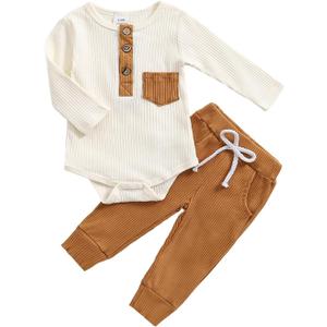 fhutpw Baby Boy Clothes Ribbed Knitted Long Sleeve Romper and Pants Sets Newborn Fall Splicing Color Outfits (White&khaki) 3-6 months