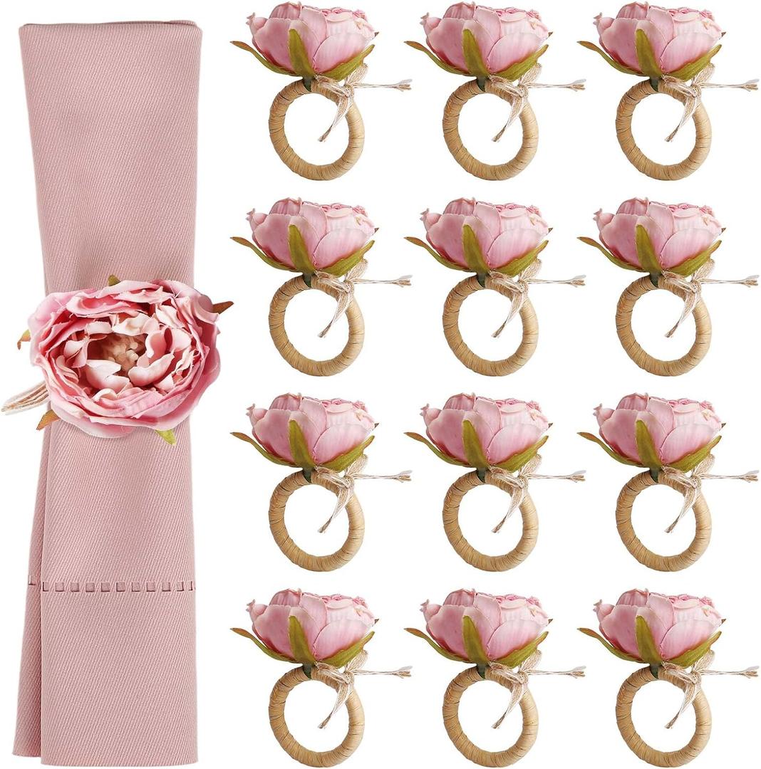 Handcraft Flower Napkin Rings Set of 12, Pink Peony Flower Handmade Napkin Holder Rings Table Decorations for Summer, Wedding, Luncheons, Picnics, Banquet, Birthday, Christmas, Valentine's, Thanksgiving