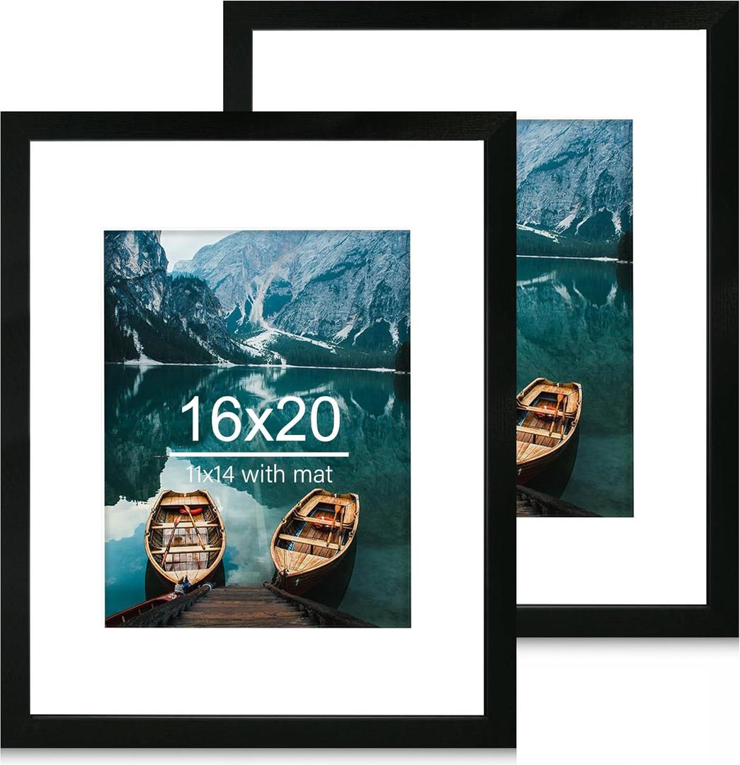 16x20 Frames Set of 2, Rustic Black Wood Style - Display 16 x 20 Picture without Mat or 11x14 Picture with Mat, Wall Mounting Horizontal and Vertical