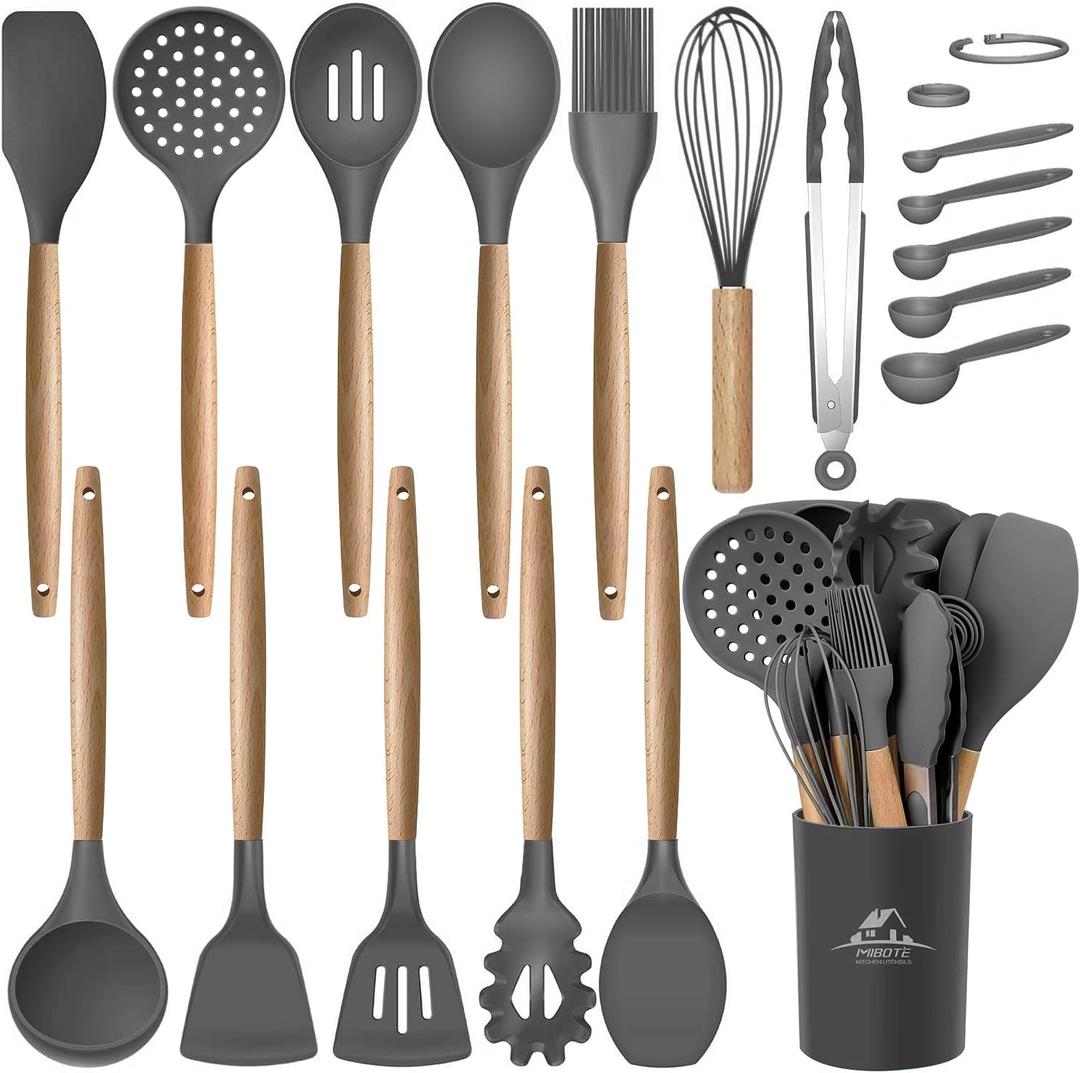 MIBOTE 17 Pcs Silicone Cooking Kitchen Utensils Set with Holder, Wooden Handles Silicone Turner Tongs Spatula Spoon Kitchen Gadgets Utensil Set for Nonstick Cookware (Grey) 