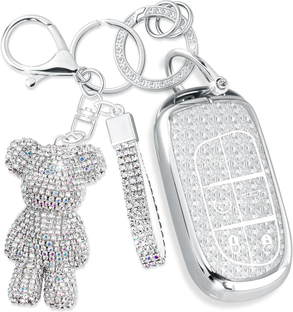 Cute Key Fob Cover with Rhinestone Bear Charm, Bling TPU Smart Key Case for Women, Compatible with Dodge Charger Challenger Durango，Jeep Wrangler Patriot Commander (5-Button, Silver)