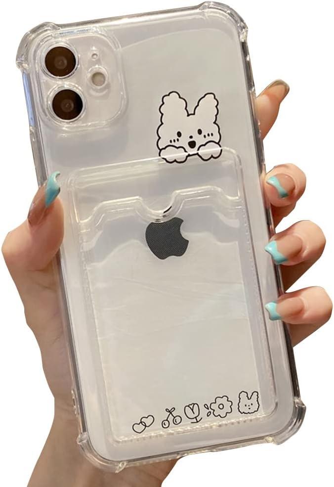 Casechics Compatible with iPhone Case,Cute Kawaii Cartoon Bunny Bear Clear Credit Card Slot Holder Wallet Transparent Corner Protection Soft Shockproof Cover Phone Case (Bunny,iPhone 14 Pro Max)