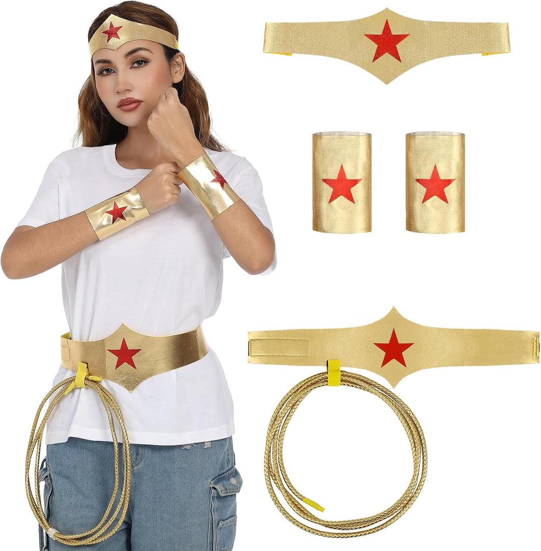 5PCS of Women's Hero Style Costume Accessories with Headband, Cuffs,Belt, and Lasso for Halloween Role-Playing