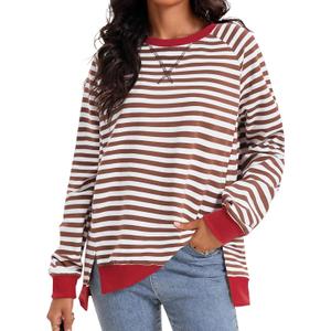 Womens Striped Color Block Sweatshirt Oversized Side Slit Crew Neck Loose Shirts Long Sleeve Pullover Tops 2025 Trendy (X-Large, Coffee White)