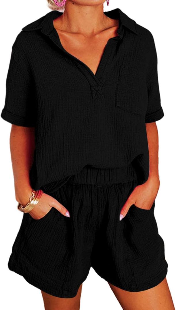 Dokotoo Two Piece Outfits Set for Women Summer Trendy Daily Tracksuit Ladies Solid V Neck Short Sleeve Shirts Matching Lounge Sets Comfy Casual Elastic High Waist Shorts with Pockets Black Small