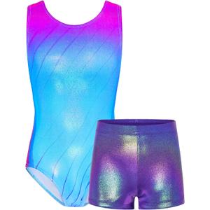 TENVDA Gymnastics Leotards for Girls 10-12 Years Old Sparkly Blue Pink Tumbling Outfit Matching Shorts Set Tank Bodysuits Purple Lines, 10-12 Years