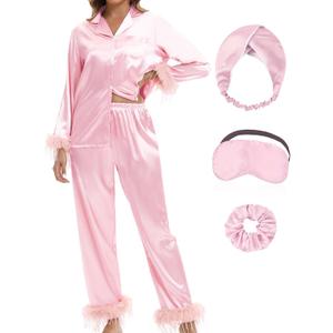 MORFORU Satin Pajama Set for Women Feather Trim Long Sleeve Pjs with Sleep Mask Headband Scrunchie Sleepwear Lounge Set (Large, Pink)