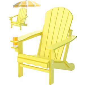Folding Adirondack Chairs with Wood Texture, HDPE Adiorndack Outdoor Chairs - Adirondack Patio Chairs with Cup Holder-Lemon Yellow