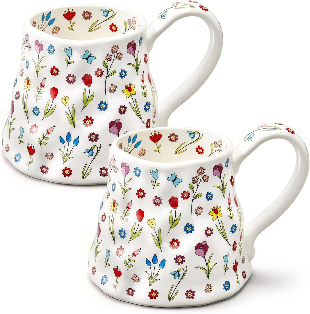2 Pack Large Ceramic Coffee Mug, 20oz Cute Flower with Big Handle, Girly Pink Floral Tea Cup for Mothers Day Gifts, Novelty Irregular Oversized Women Mugs for Latte Tea Milk Cocoa