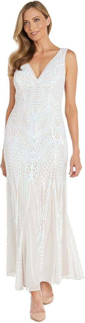 R&M Richards Long Iridescent Sequin Beaded Dress W/V-Neck & Flowing Skirt Ivory/Nude, Size 12