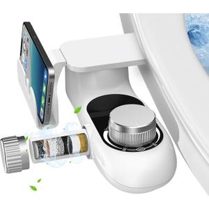 Bidet Attachment for Toilet with Filters, Non-Electric Self Cleaning Dual Nozzle(Frontal/Rear Wash) for Bidet Toilet Seat, Adjustable Water Pressure, Multi-Stage Water Softener Filters for Hard Water (White)