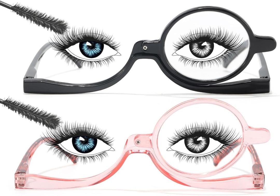 SODQW 2 Packs Makeup Reading Glasses for Women Round One Eye Rotating Magnifying Cosmetic Readers Make Up Eyeglasses (Black+pink)