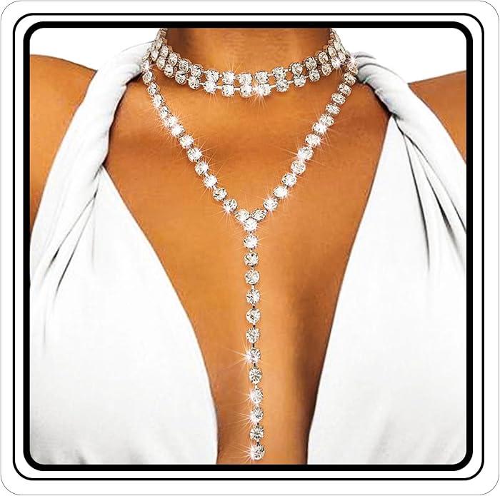 ELABEST Long Rhinestone Necklace Layered Y Necklaces Crystal Choker Necklace Dainty Wedding Bridal Bridesmaid Jewelry for Women