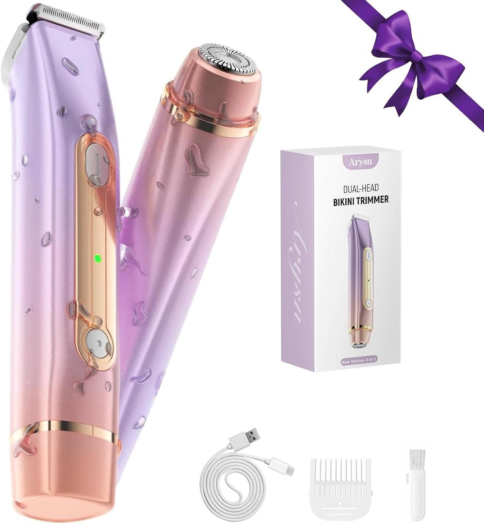 Bikini Trimmer for Women, 2 in 1 Dual Head Rechargeable Electric Shaver, Painless Pubic Hair Trimmer for Underarm Leg Arm Body Face IPX7 Waterproof & Travel-Friendly, GoldPurple