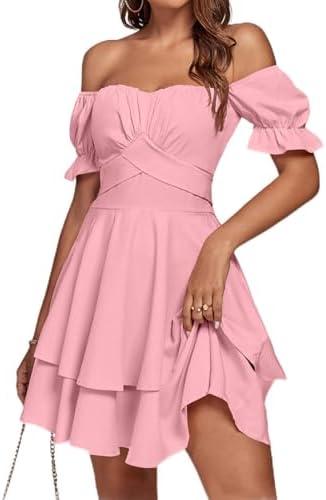 LYANER Women's Tie Back Off Shoulder Wrap Layer Ruffle Short Sleeve Mini Dress, Pink XX-Large