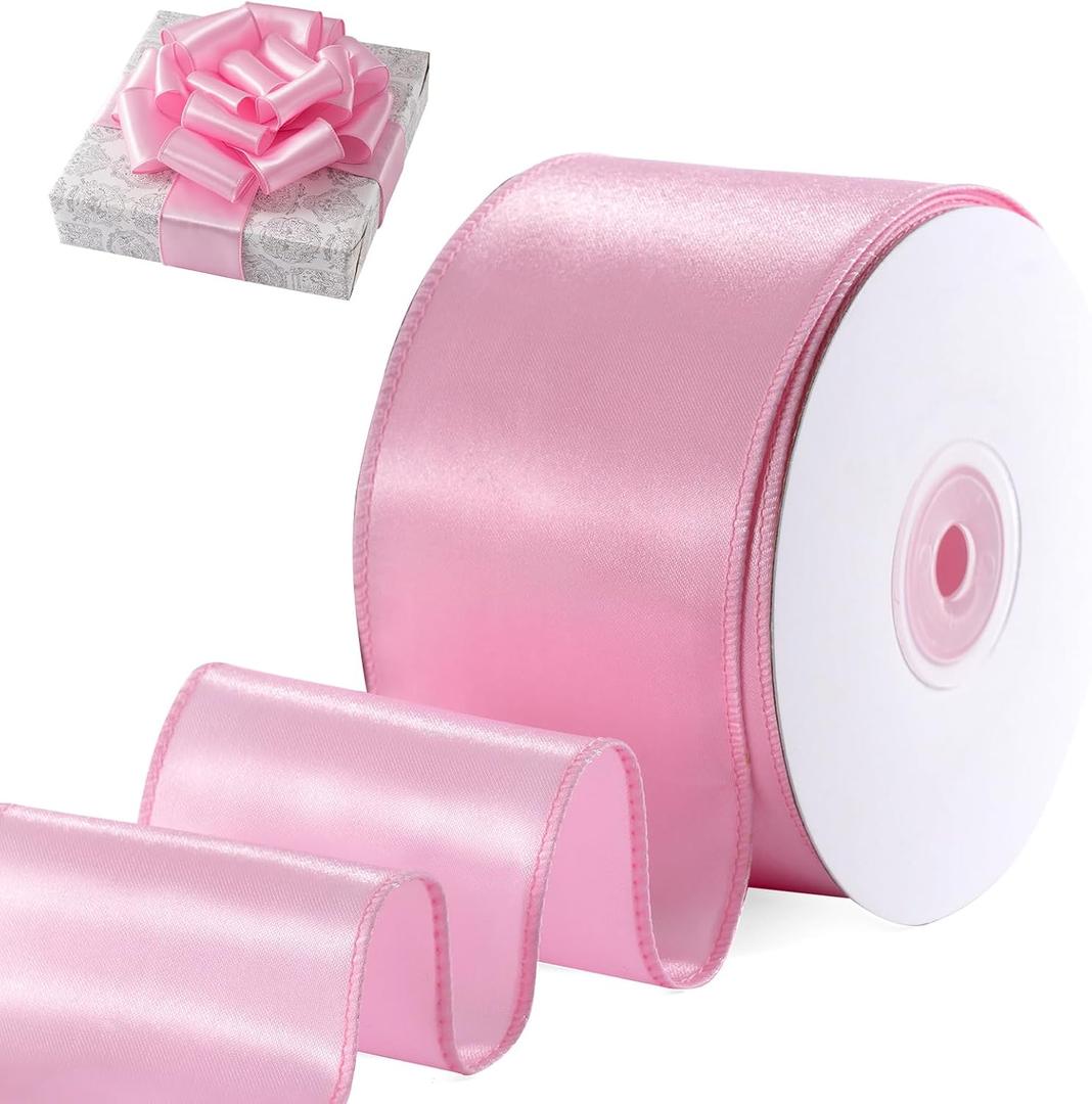 Pink Satin Wired Ribbon 2 Inch X 50 Yards Pink Christmas Ribbon Wired for Gift Wrapping Valentines Tree Decoration Bows Making Wreath DIY Crafts Valentines Day Decor and Home Decor