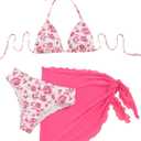 SHENHE Women's 3 Piece Floral Bikini Set with Wrap Coverup Halter Triangle Swimsuits (X-Large, Pink)