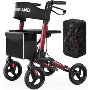 Rollator Walkers for Seniors with Seat, Foldable Walker, 8" Wheels Lightweight Aluminum Rolling Walker (Red)
