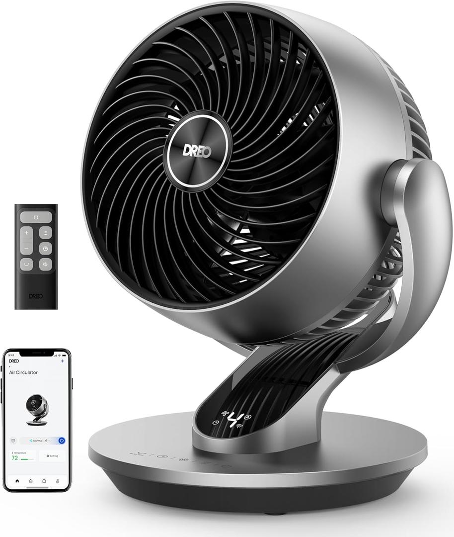 Dreo Smart Fan for Bedroom,120 Vertical and 90 Oscillating Fan with Remote/Voice, 13 Inch Height Quiet Air Circulator for Whole Room, 70 ft, 4 Speeds, 5 Modes, 12H Timer, Desk Fans for Home, Office (Silver)