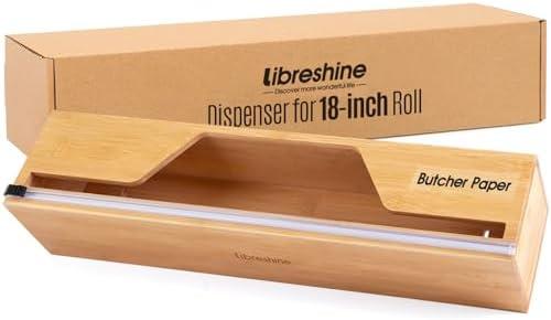 Libreshine 18 Inch Butcher Paper Dispenser with Cutter | Heavy-Duty Holder for Plastic Wrap, Foil, Freezer Paper & Kraft Rolls | Wall/Tabletop Bamboo Organizer | Kitchen, Crafting, Commercial Use