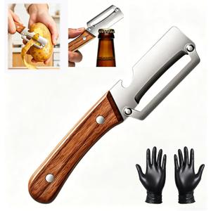 2 x Multi-Functional Vegetable Peeler for Kitchen with Wooden Handle and Bottle Opener, 2 in 1 Stainless Steel Veggie Peeler Kitchen Gadgets Tool for Fruit Potato Pumpkin Apple Carrot Papaya