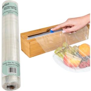 Compostable Plastic Wrap for Food with Dispenser & Cutter 400 Sq Ft Roll, ASTM D6400 Certified