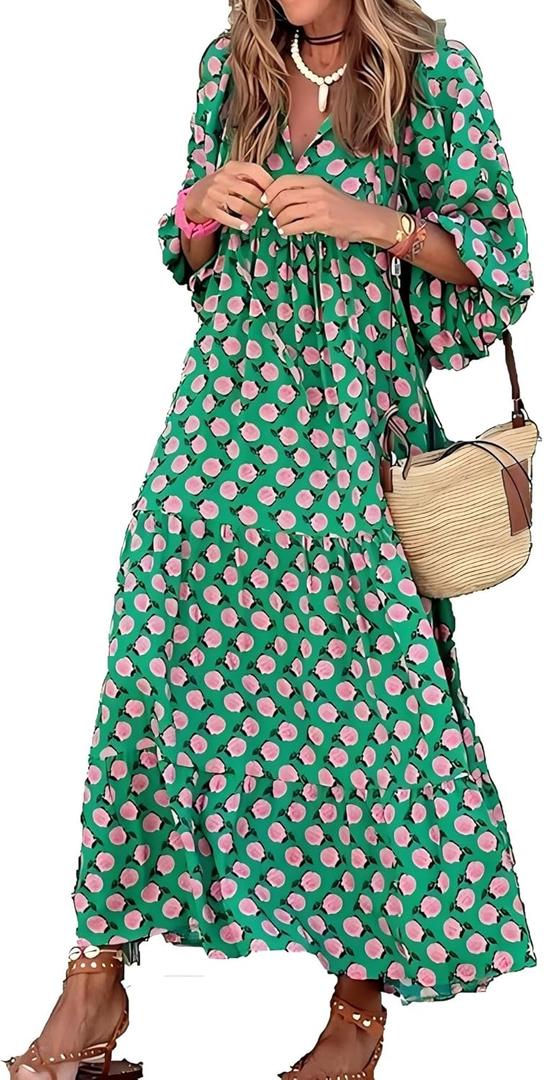 Women Loose Dress Geometric Printed Bubble Sleeve Dress Long Skirt (XXL, Floral)