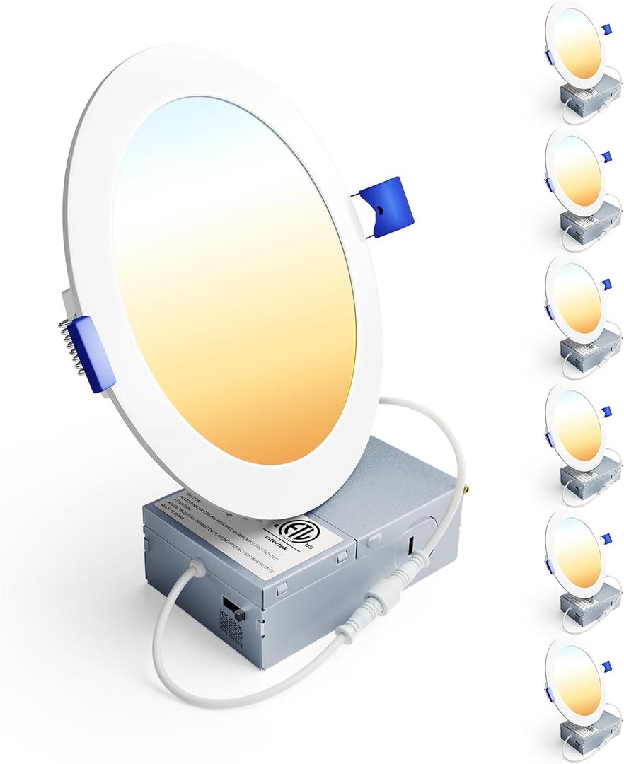 Ensenior 6 Pack 6 Inch LED Recessed Light, Dimmable, 2700K-5000K 5CCT, 1200LM High Brightness, 12W 120V, Damp Rated, ERL-12X-ETL, Ultra-Thin Canless Wafer Ceiling Light - ETL & FCC & IC (5000k/4000k/3500k/3000k/2700k - 5cct White)