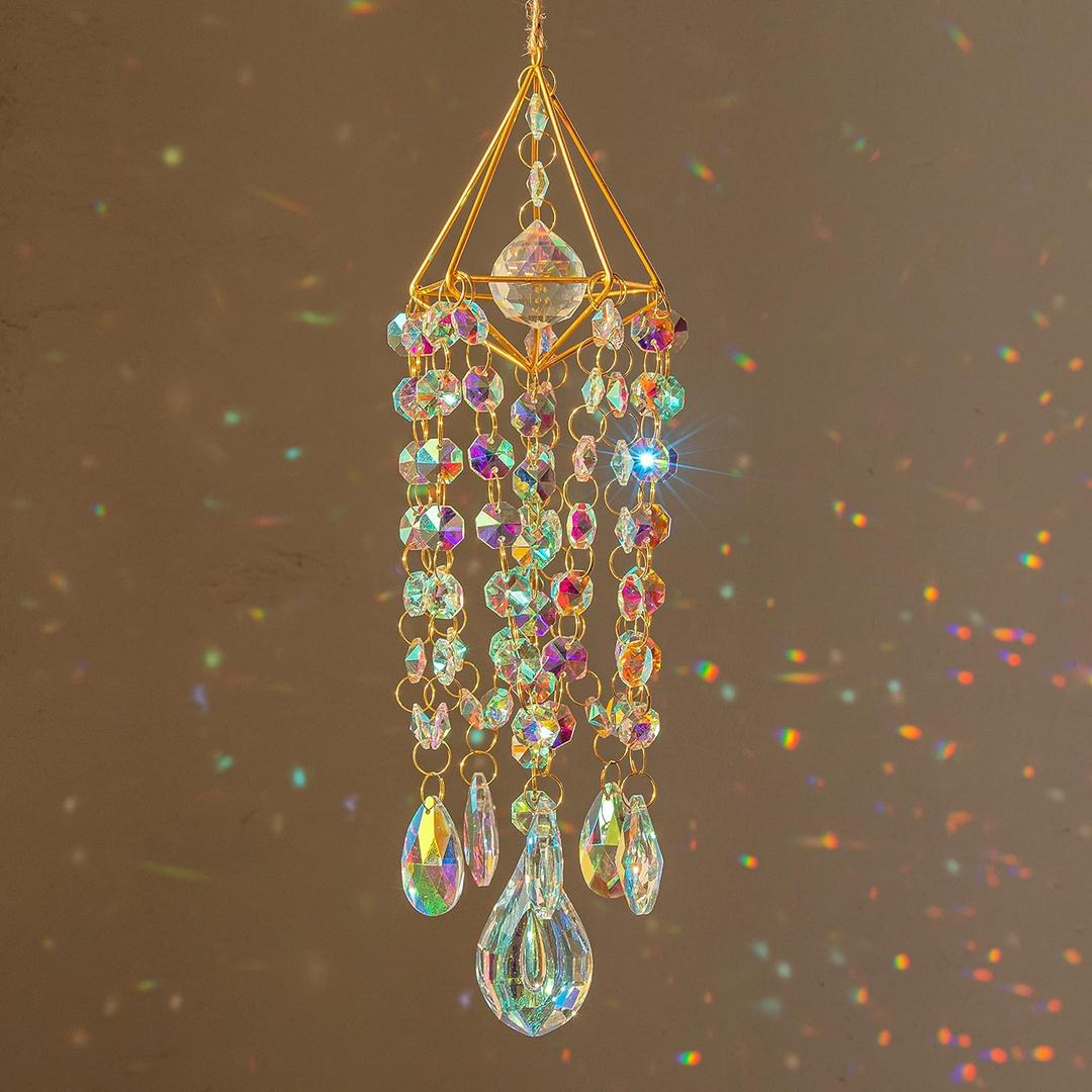 HDCRYSTALGIFTS 21.5inch Crystal Suncatchers for Window Hanging Wind Chime Style Garden Sun Catchers with Crystals Rainbow Maker Indoor Outdoor Decor Handmade Gold Plated