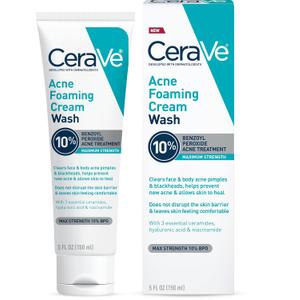 CeraVe Acne Foaming Cream Wash, Gentle Face and Body Cleanser with Benzoyl Peroxide 10%, Hyaluronic Acid, and Niacinamide, 10% Benzoyl Peroxide Treatment Clears Pimples and Blackheads 5 Oz