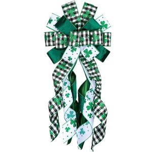 Large St. Patrick's Day Bows for Wreath, 13 x 30 Green Velvet Glitter Shamrock Black White Buffalo Plaid Wreath Bow for Front Door Indoor Outdoor Wall Decoration St. Patrick's Supplies Ornament