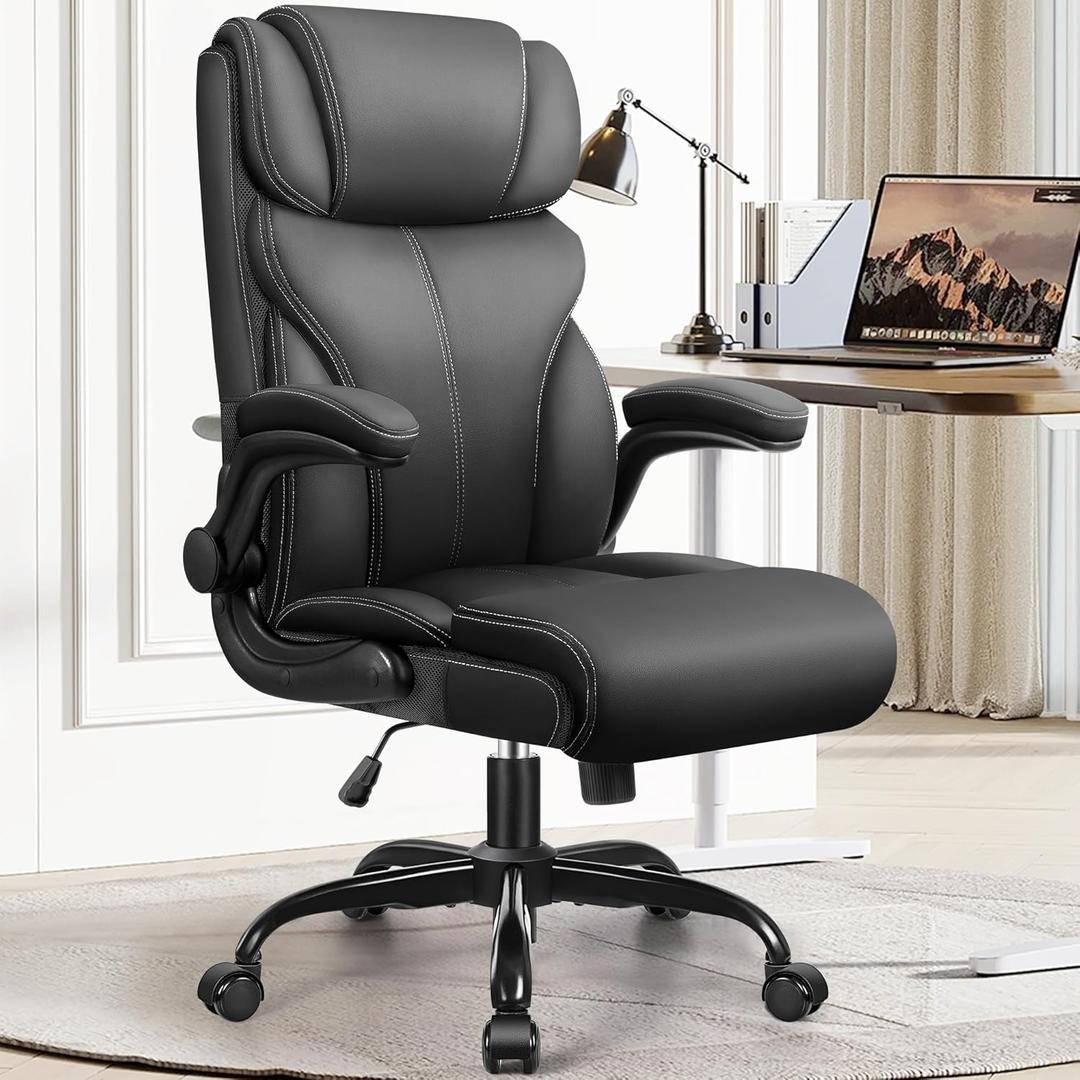 Office Chair, Ergonomic Big and Tall Computer Desk Chairs, Executive Breathable Leather Chair with Adjustable High Back Flip-up Armrests, Lumbar Support Swivel PC Chair with Rocking Function (5066H, Matte Black)