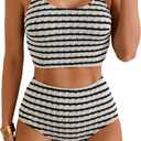 RoseSeek Women's Jacquard Textured Striped 2 Piece Bikini Sets High Waisted Panties Swimsuits Bathing Suits Beachwear (S)