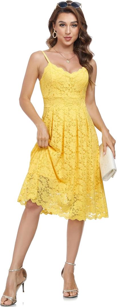Atnlewhi Womens Spaghetti Strap V Neck Sleeveless A Line Lace Dresses for Evening Cocktail Formal Wedding Guest (Yellow, L)
