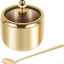 Stainless Steel Sugar Container with Clear Glass Lid and Spoon Gold Sugar Bowl 10oz Sugar Jar Dishwasher Safe Seasoning Box Multifunctional Condiment Pot for Salt Candy Coffee Bean, 4 pcs