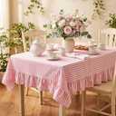 Mindsoft Pink Striped Ruffled Tablecloth 60 x 120 Inches Cotton Linen Rectangle Striped Table Cloth Classic Farmhouse Vintage Table Cover Decorative Pattern for Holiday Party